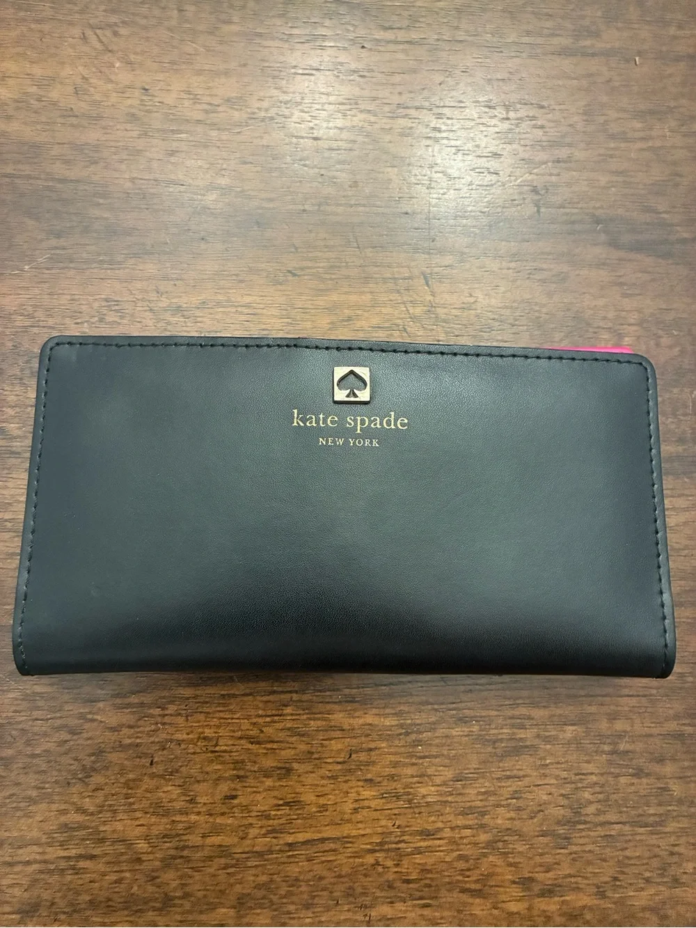 Kate Spade Wallet Bifold Black Hot Pink Gold Snap Zipper Leather